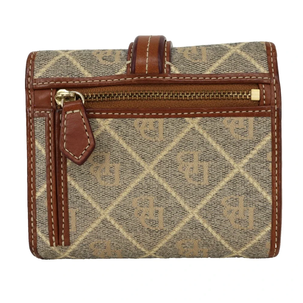 Dooney and Bourke Wallet Womens Beige Brown Fabric Logo Leather Trim Snap Vtg